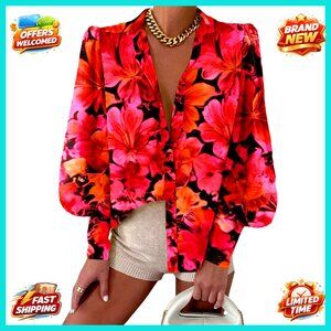 Long Sleeve V-Neck Button Down Blouse Boho Print Casual Dressy Top